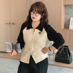 大码女装polo领撞色插肩袖上衣女外套2023冬款胖mm学院风针织开衫