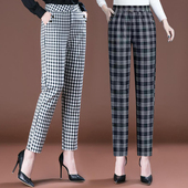 百搭妈妈长裤 2026春季 中年女士高腰休闲裤 复古黑白格子裤 子 新款
