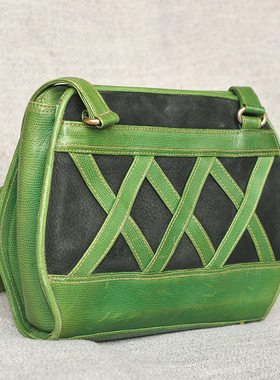 日本中古ETRELA RAISON菱格拼接风绿色真皮斜挎包女生休闲单肩包