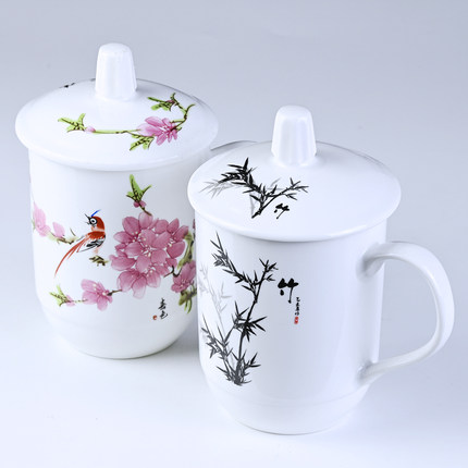 陶瓷杯青花瓷水杯带盖子家用中式宾馆酒店茶杯办公会议室陶瓷杯子