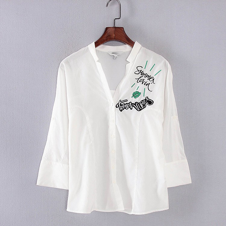 衬衫 夏季女装精品甜美字母刺绣v领七分袖宽松百搭雪纺衫白色上衣