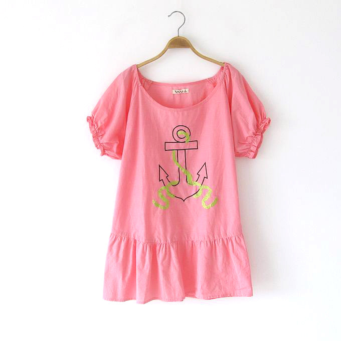 夏季女装新品 时尚圆领短袖海猫印花褶皱上衣 宽松百搭t恤衬衫