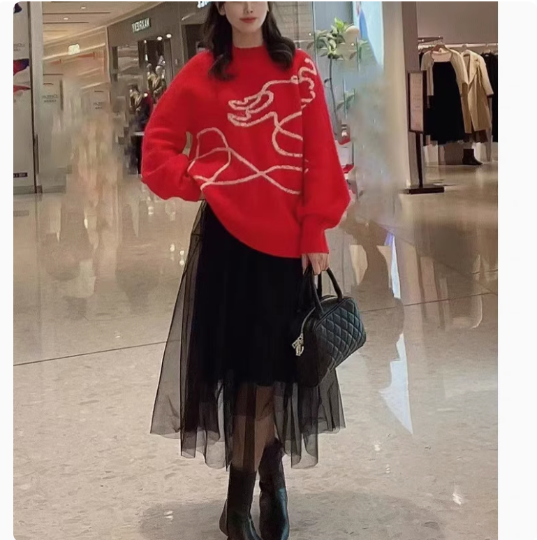 毛衣 秋冬女装新款圆领套头上衣精美刺绣高级感宽松百搭潮针织衫