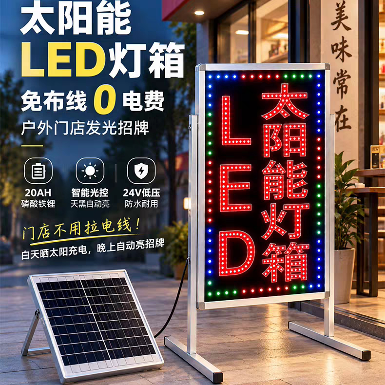 免接电太阳能led电子灯箱广告展示牌 无线户外挂路东杆双面闪光牌