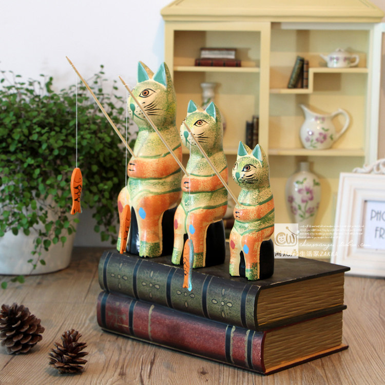 木制钓鱼小猫摆件招财猫咪桌面摆设客厅书房家居装饰工艺品礼物