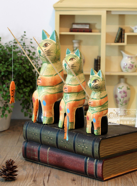 木制装饰东南亚手绘小猫摆件
