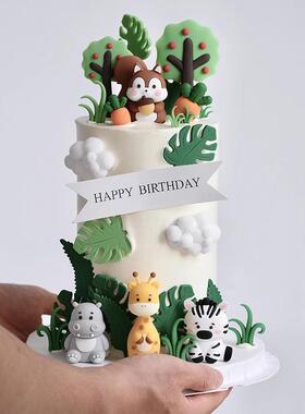 网红森系动物主题蛋糕装饰软胶大尾巴松鼠条纹斑马灰色河马摆件