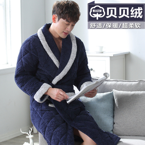 冬季法兰绒夹棉睡袍睡衣男士冬款三层加厚加绒全棉长款珊瑚绒浴袍