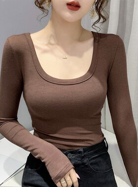螺纹棉打底衫女长袖春秋新款纯色内搭低领紧身上衣修身百搭u领t恤