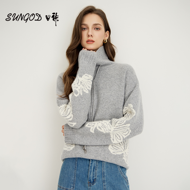 日神2025新款提花高领加厚羊绒衫