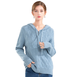 日神新款连帽针织开衫女秋款时尚绞花拉链100纯羊绒卫衣休闲外套