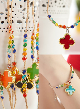 饰品批民族饰品许愿草 拉菲草 彩色 四叶草 手工 手链 多色