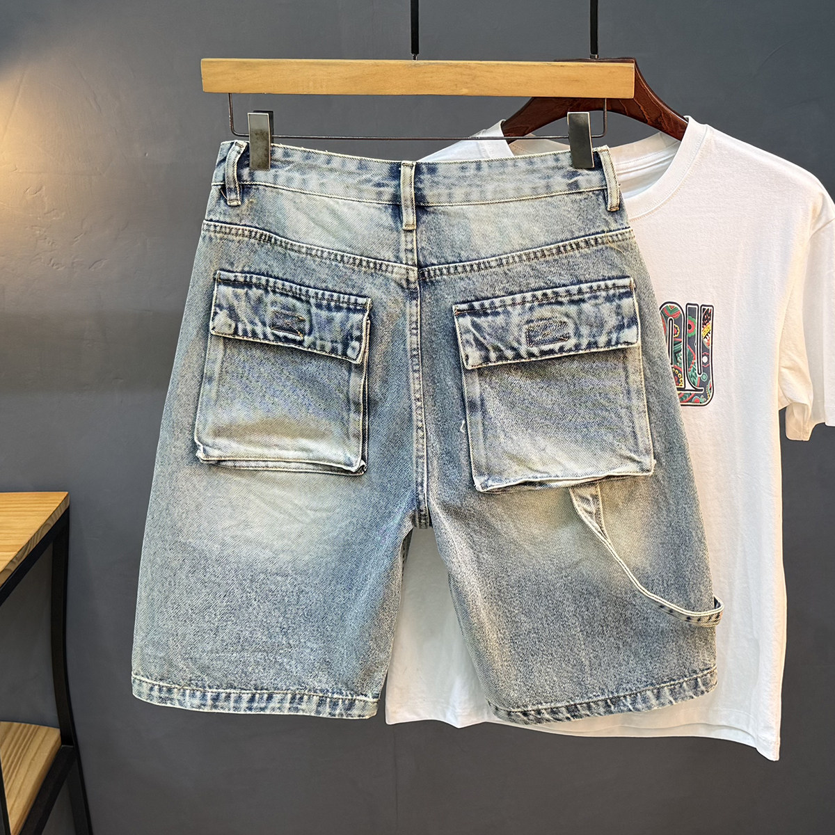 轻奢男士多口袋工装牛仔短裤潮流破洞重磅五分裤子宽松直筒中裤