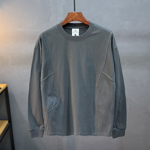 重磅拼接男装长袖T恤大码加厚保暖上衣服潮牌加绒休闲纯色打底衫