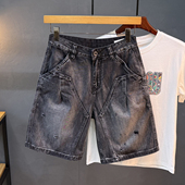 男五分裤 潮牌宽松直筒拼接韩版 潮流休闲5分中裤 破洞牛仔短裤 马裤