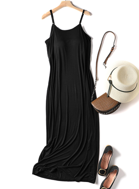 大码胸垫吊带长裙夏季新款一片式莫代尔睡裙加肥加大打底连衣裙黑