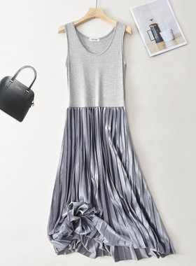 2025秋韩版莫代尔拼接裙气质显瘦金丝绒百褶A字裙大码垂感连衣裙