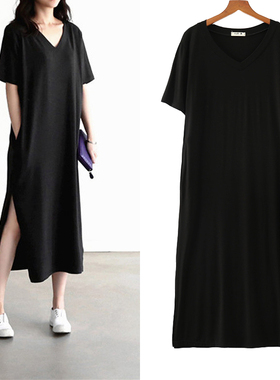 2025夏季新款韩版莫代尔V领短袖长裙大码宽松遮肚显瘦开叉连衣裙