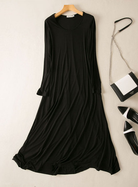 2025秋季韩版莫代尔长袖长裙宽松大码A字大摆裙胖MM打底连衣裙女