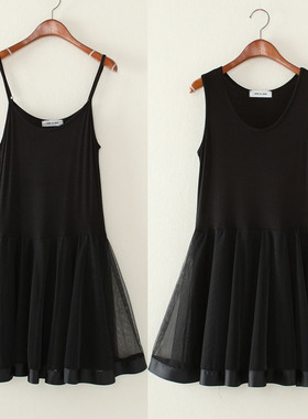 春季莫代尔背心裙网纱蕾丝连衣裙宽松显瘦蓬蓬吊带裙百褶打底裙女