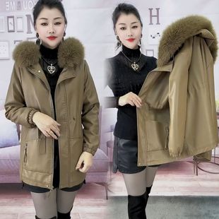 大毛领加绒皮棉衣中长款2025新款韩版派克服时尚PU皮衣冬季外套女