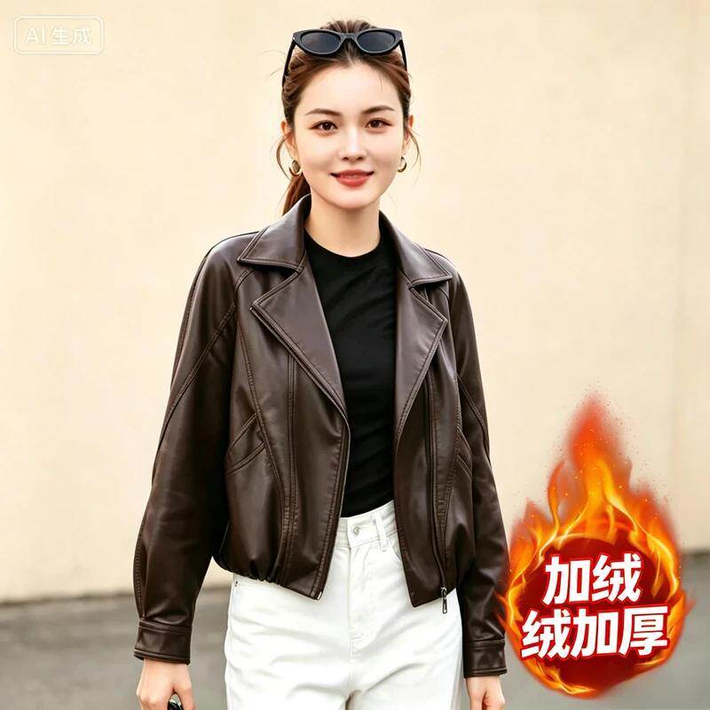 加绒加厚海宁皮衣女短款免洗修身保暖皮夹克秋冬西装领小个子外套