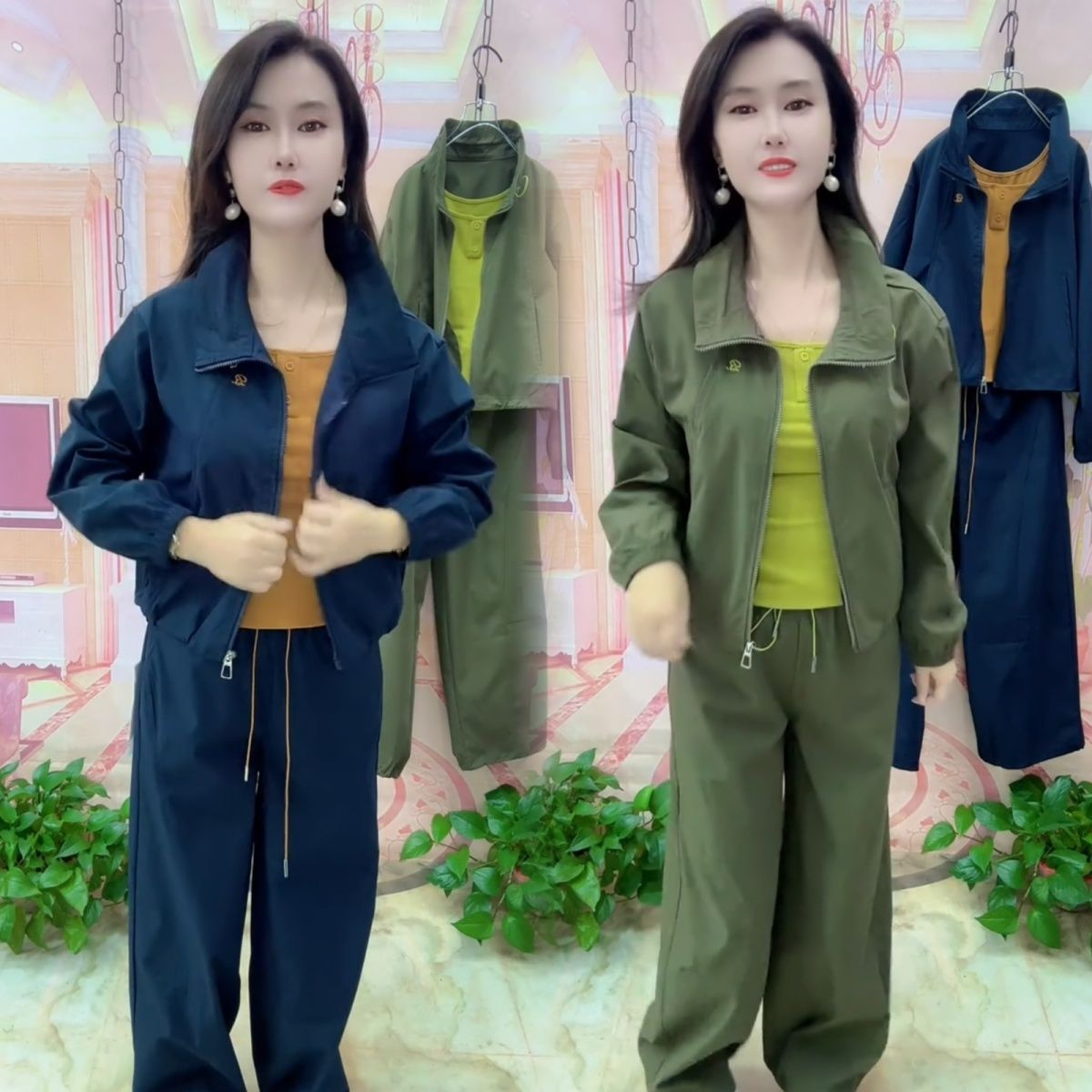 春秋新款时尚翻领三件套洋气爆款遮肉显瘦工装外出运动款女士套装