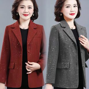 妈妈春秋外套短款小西装40岁50中年女士秋装洋气灰色西服薄款上衣