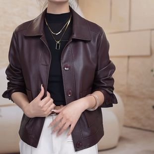 时尚 高级水洗皮中年长袖 翻领夹克外套春秋 海宁软皮皮衣女短款 新款