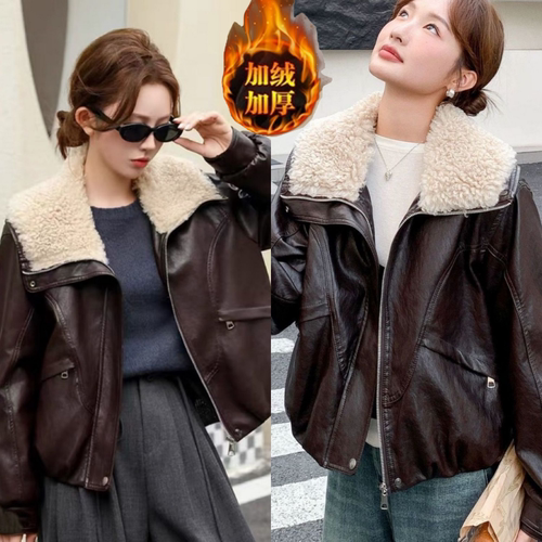 海宁大翻领加绒皮衣短外套女秋冬新款保暖时尚酷飒机车PU皮夹克