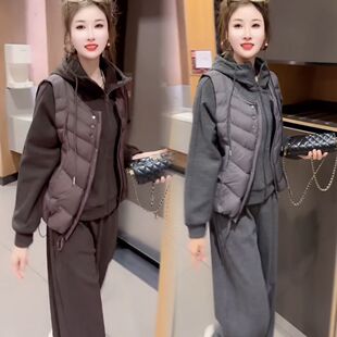 2026冬季新品洋气设计感石墨烯云绒马甲+连帽加厚拉链卫衣+阔腿裤