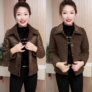 网红同款时尚百搭皮毛一体外套女秋冬新款翻领撞色后背纽扣上衣潮