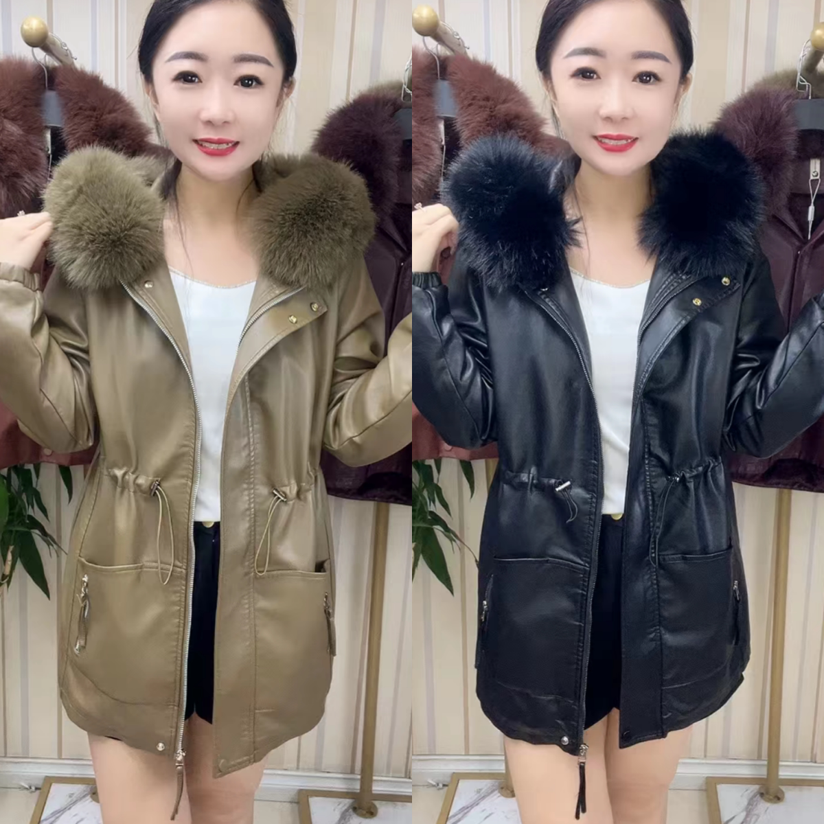 2025冬季皮衣加绒加厚新款修身时尚连帽皮风衣中长款大毛领外套女
