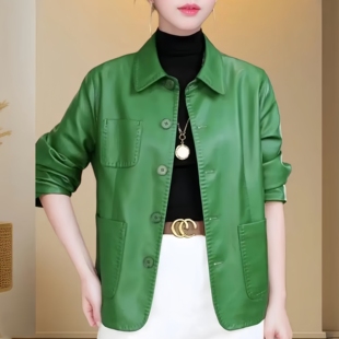 皮衣外套女春款翻领百搭2026新款Q中老年减龄显瘦短上衣轻奢时尚