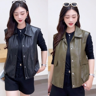 黑色复古高级感休闲风PU皮马甲女2025初秋新款时尚气质翻领短外套