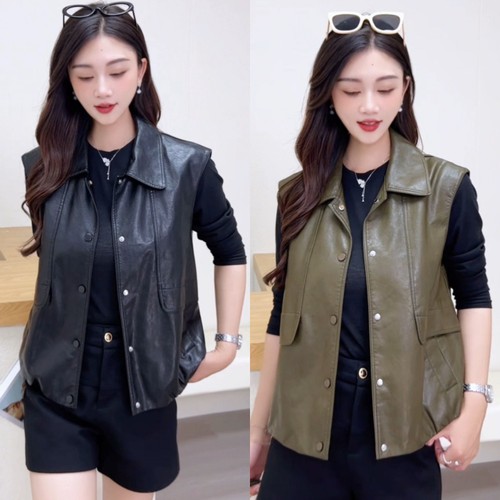 黑色复古高级感休闲风PU皮马甲女