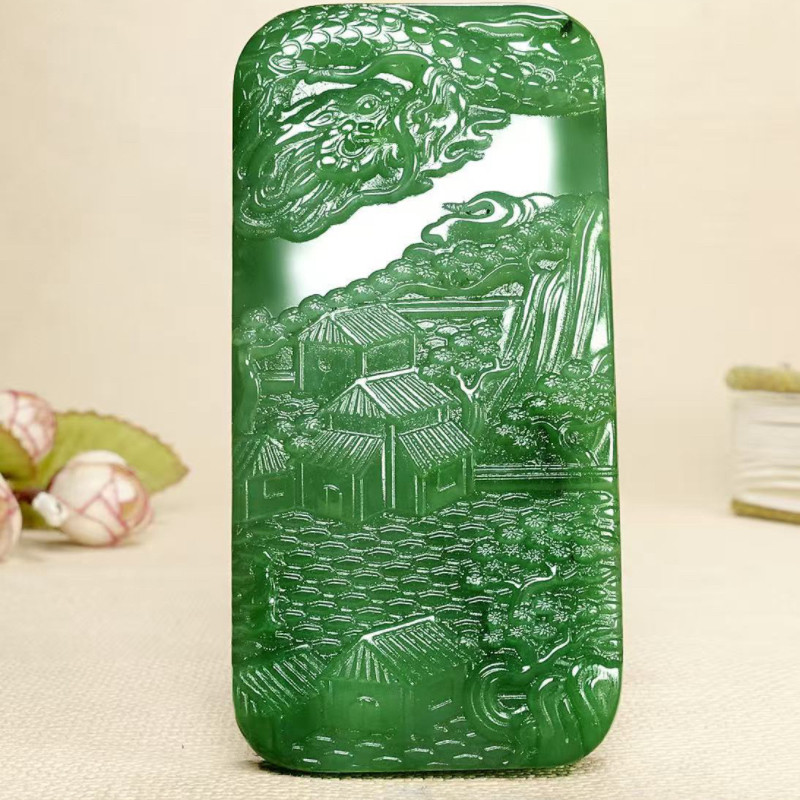 天然和田玉碧玉山水山水牌子龙行天下挂件玉石吊坠玉佩玉坠证书