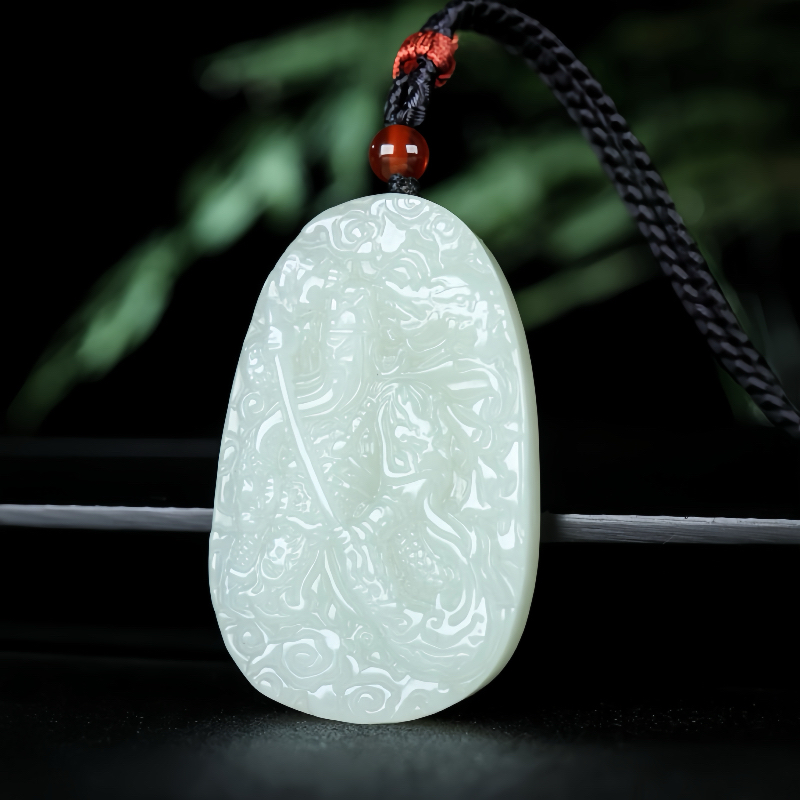 天然新疆和田玉白玉关公武财神吊坠男女款玉石挂件项链玉坠证书