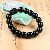 天然新疆和田玉黑羊脂墨玉老型珠圆珠貔貅手串男女款 招财手链证书