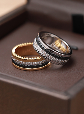 高版黑白陶瓷戒指拼色多层镀18k金齿轮镶钻对戒转运情侣男女指环