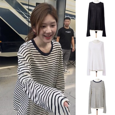高品质正确版赵露思刘雯同款 天爽亚麻针织条纹宽松Tee上衣女