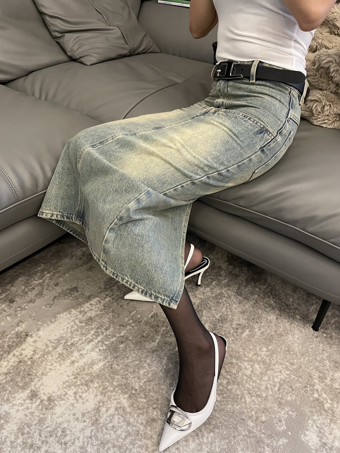 做旧牛仔半裙黄绿/复古蓝/棕黄