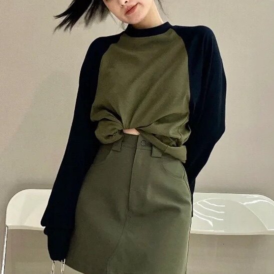 REFLEXION复古拼色插肩长袖无性别舒适宽松慵懒超长袖T恤