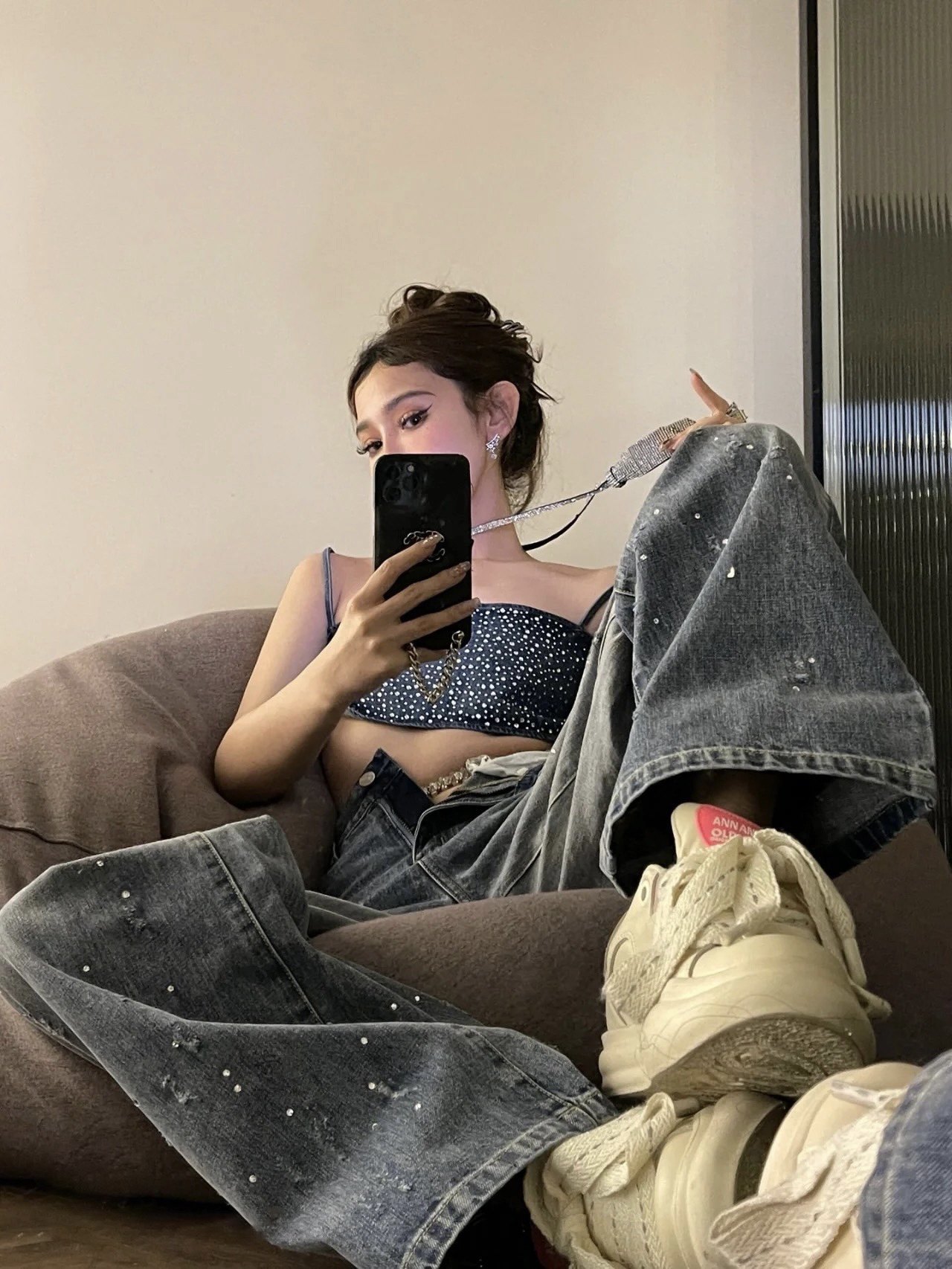 水钻满天星扭曲牛仔裤直筒宽松