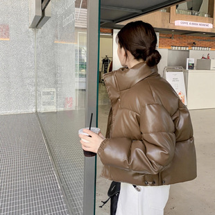 pu皮立领免洗短款羽绒棉服外套女小个子冬季咖啡色加厚面包服棉衣