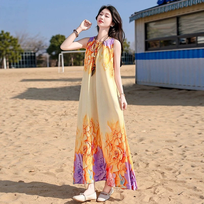波西米亚风印花棉绸连衣裙女夏无袖吊带气质度假风妈妈蓝色花朵裙