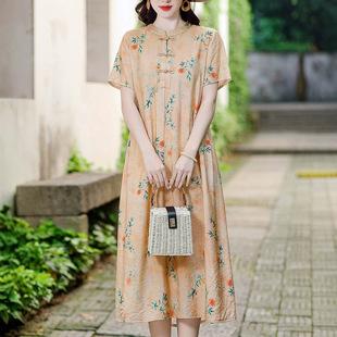 妈妈新中式夏季夏装新款洋气棉麻连衣裙国风减龄中年女装天丝长裙