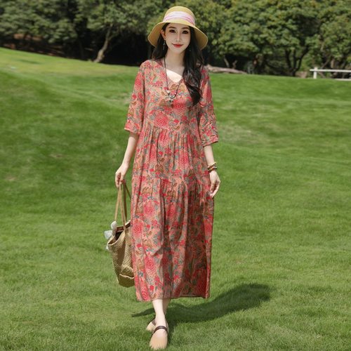 新款棉绸连衣裙女夏季高级感洋气宽松妈妈装减龄大摆裙绵绸长裙子