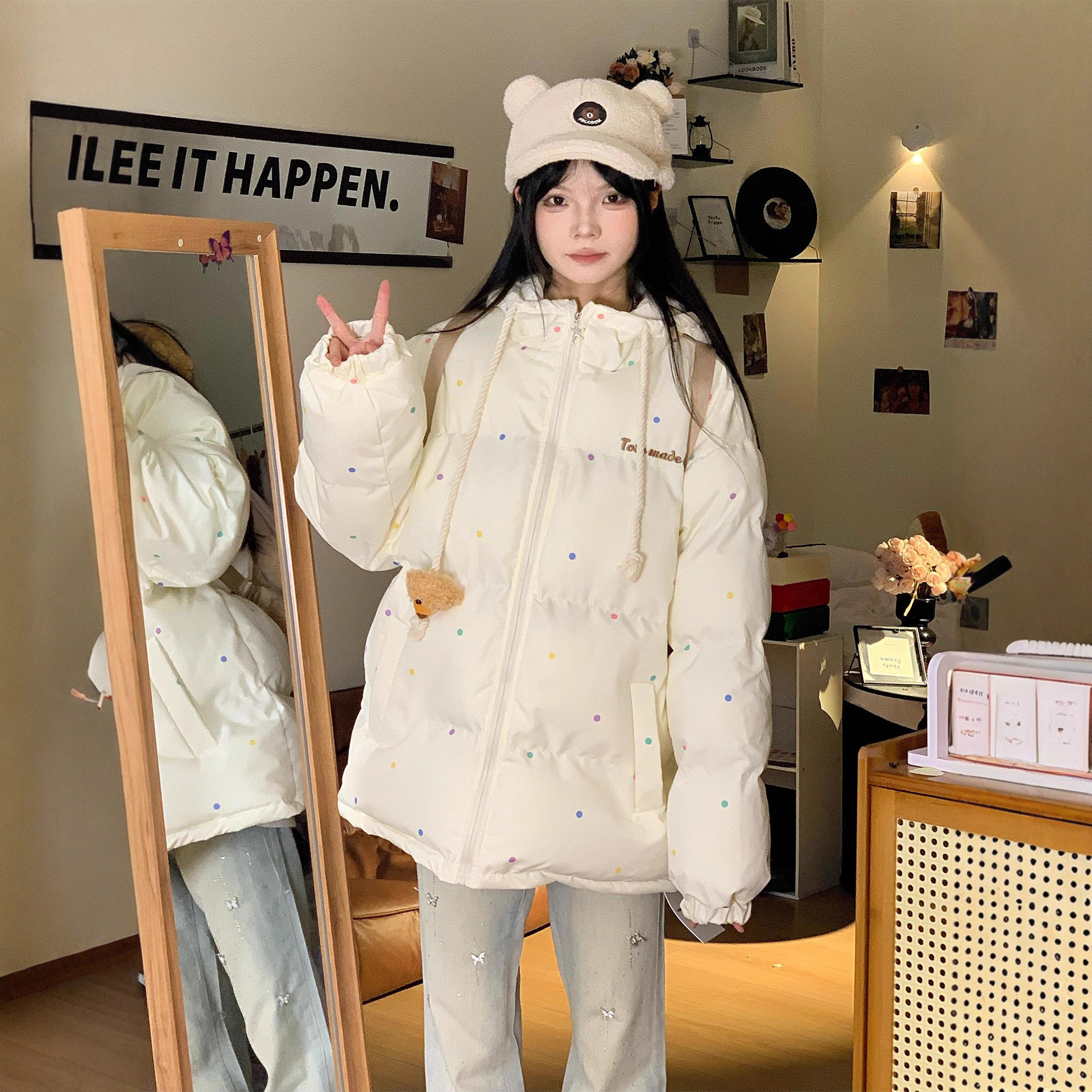 棉服女2025新款冬季小个子棉袄韩系设计感波点加厚学院风棉衣外套