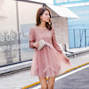网纱蕾丝长袖粉色连衣裙秋季新卓拉希米洛拉佰多利亚俏丹朵拉薇拉